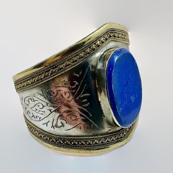 Lapis Bracelet, Afghan, Kuchi Jewelry, Silver Cuff, Brass, Mixed Metal, Vintage - Picture 4 of 6